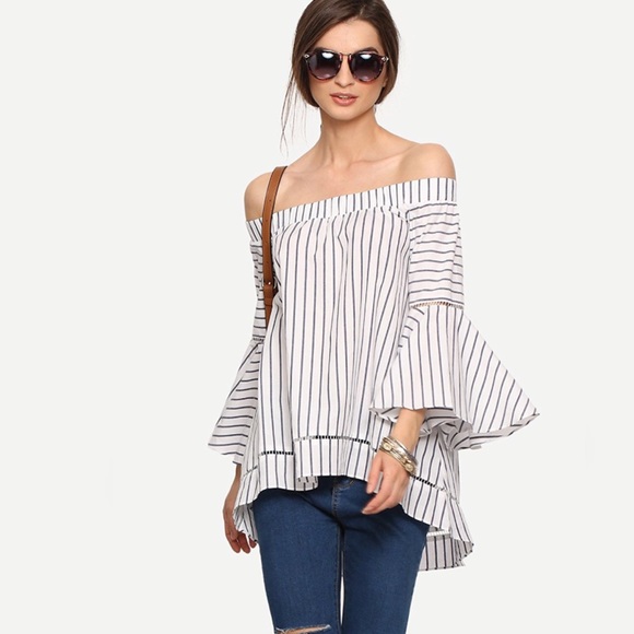 fairlygirly Tops - Off Shoulder Bell Sleeve Striped High Low Blouse